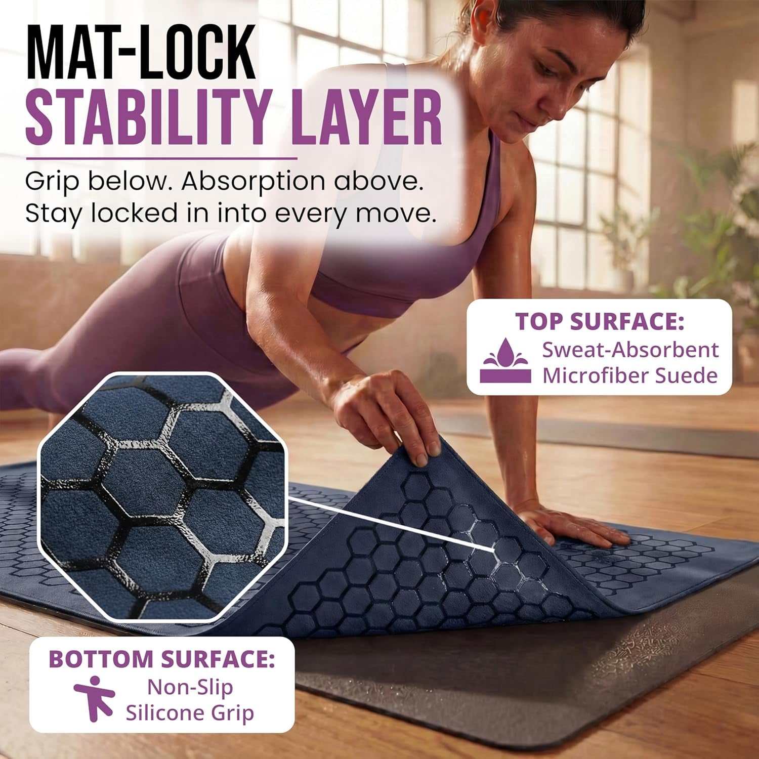 Hot Yoga Mat Towel – Non-Slip Grip for Hot Yoga, Sweat Absorbent, Honeycomb Silicone Grip, Stays Flat – Ideal for Pilates, Travel, Washable & Lightweight - Dark Blue