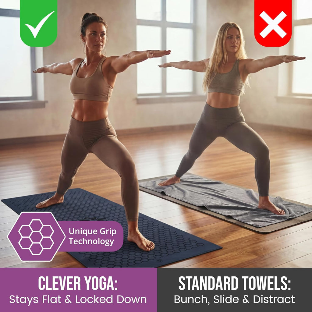 Hot Yoga Mat Towel – Non-Slip Grip for Hot Yoga, Sweat Absorbent, Honeycomb Silicone Grip, Stays Flat – Ideal for Pilates, Travel, Washable & Lightweight - Dark Blue