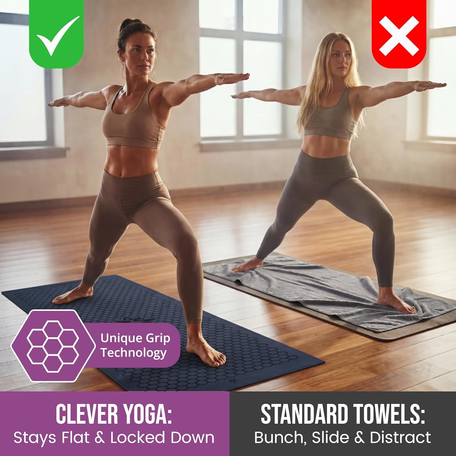 Hot Yoga Mat Towel – Non-Slip Grip for Hot Yoga, Sweat Absorbent, Honeycomb Silicone Grip, Stays Flat – Ideal for Pilates, Travel, Washable & Lightweight - Dark Blue